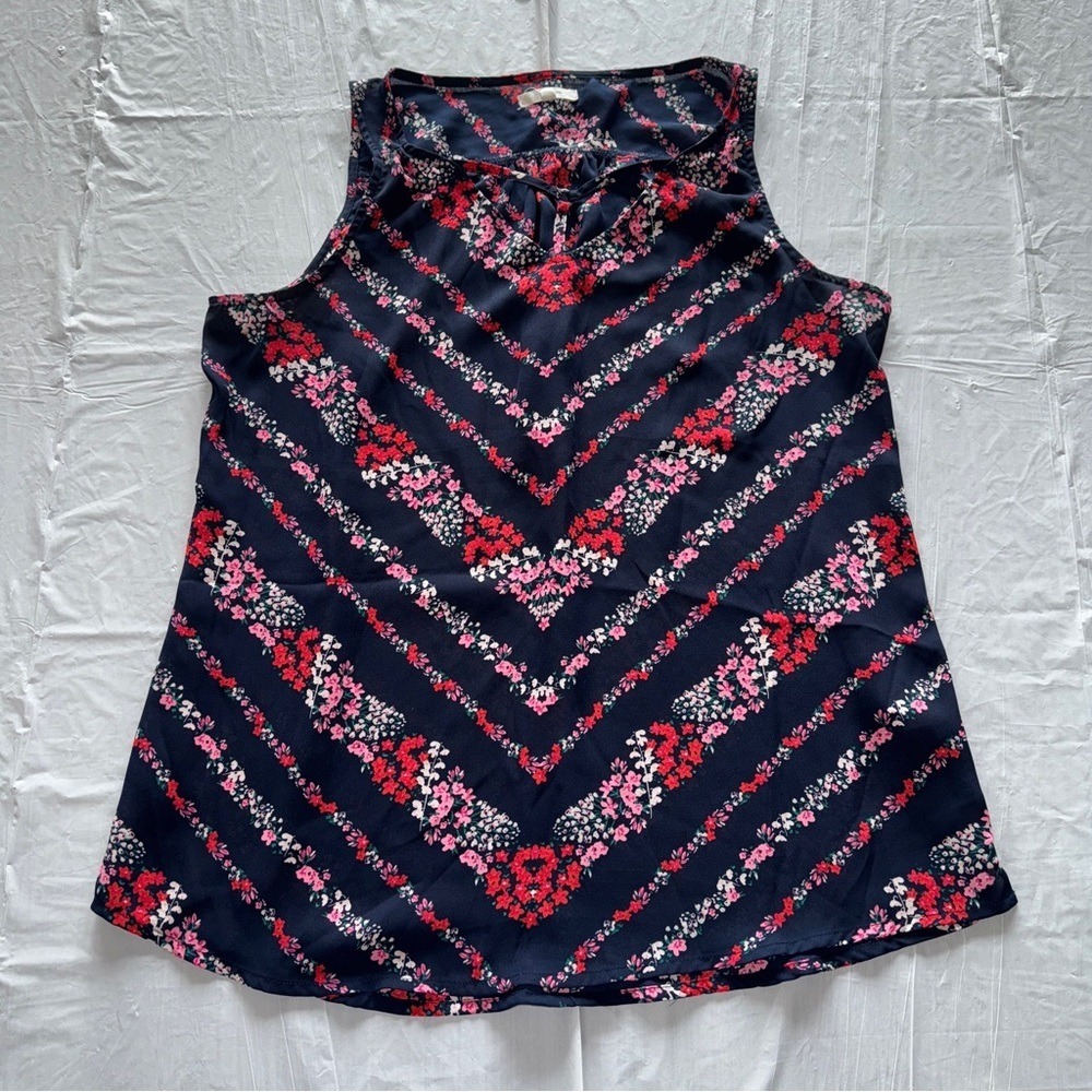 Maurices Womens‎ Blue Floral Chevron Chiffon Sleeveless Keyhole Blouse Size M